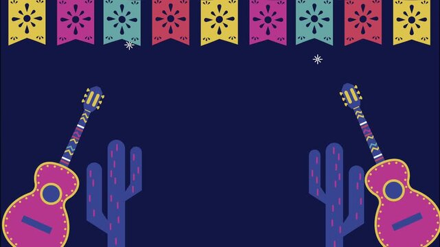 Vibrant mexican fiesta celebration with guitars and festive papel picado banners dynamically animated.