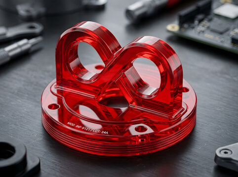 Transparent red acrylic infinity shaped structural bracket provides custom engineering component solution on workshop table.