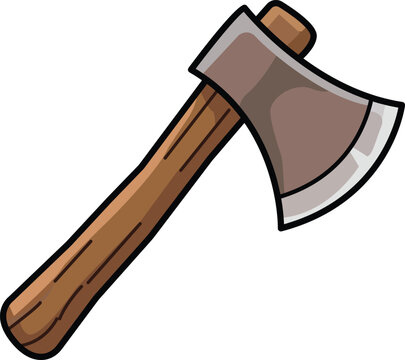 Simple rustic lumberjack hatchet axe with brown wooden shaft and silver metal blade.