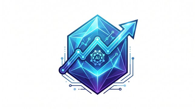 Futuristic neon blue cryptocurrency growth logo icon; digital blockchain symbol; abstract financial technology emblem; virtual currency investment badge
