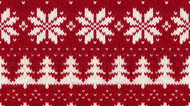 Seamless nordic pattern with snowflakes and fir trees on a red background