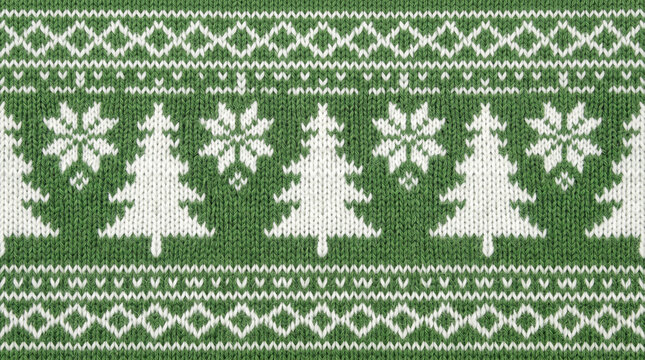 Seamless green nordic pattern with snowflakes and christmas trees for winter holidays