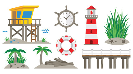 Obraz premium Summer beach objects set with lifeguard tower, lighthouse, palm trees, and steering wheel.