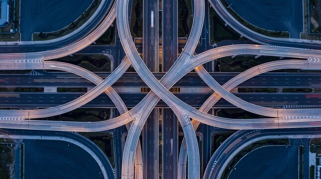 Aerial top view of modern highway interchange junction at dusk with traffic light trails