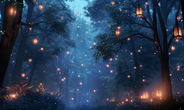 Enchanted blue forest filled with glowing hanging lanterns at night