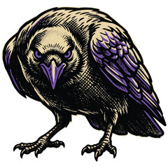 Naklejka premium Hand-drawn gothic black raven illustration with purple highlights