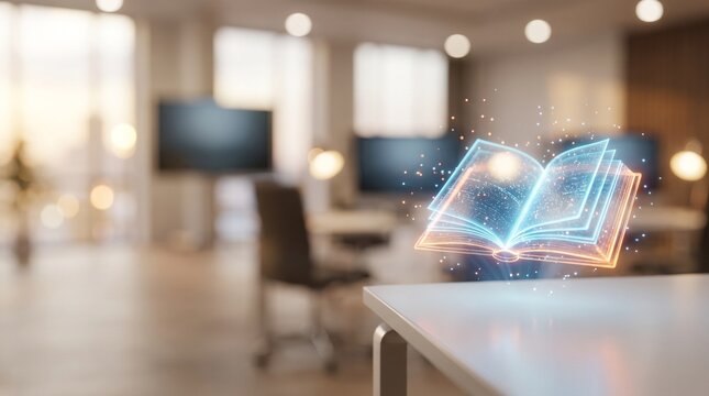 Close up of a glowing holographic open book on a desk with blurred modern corporate training room background and copy space for e-learning and corporate training concept