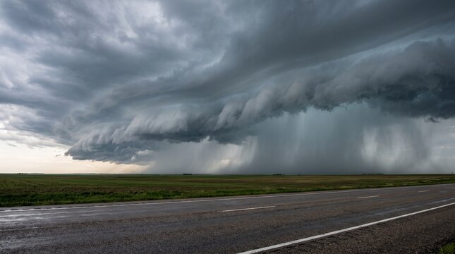 Severe thunderstorm shelf cloud with heavy rainfall over open rural highway landscape