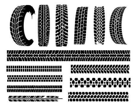 Collection of black tire tracks. Vector set of seamless horizontal wheel tread borders and curved  prints isolated on white