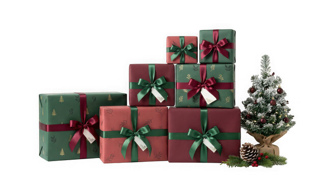 Christmas presents stack with a small decorated tree isolated on transparent background