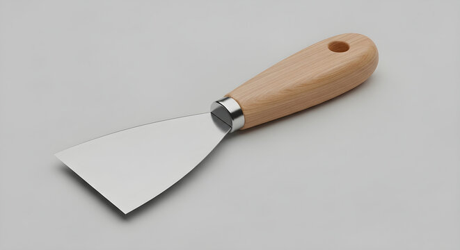 Professional stainless steel putty knife with wooden handle for home renovation and wall repair projects on a neutral background