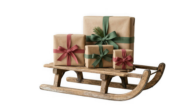 Wooden vintage sleigh loaded with beautifully wrapped christmas gifts, isolated on transparent background
