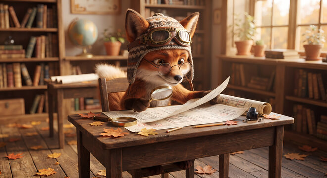 : Cute fox scientist wearing glasses and pilot hat examining a blueprint with a magnifying glass in a library