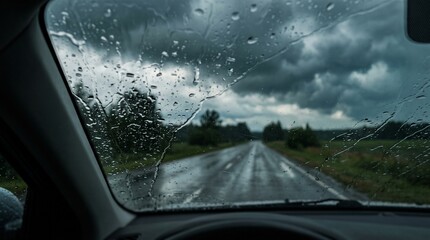 Naklejka premium Driving car on wet country road under stormy sky view through windshield