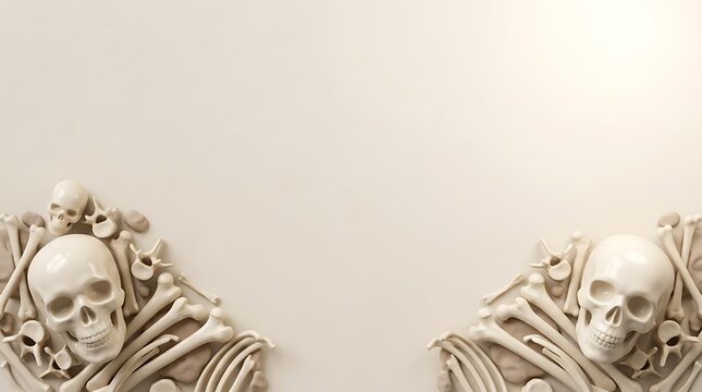 Two realistic human skulls resting on piles of bones against a clean light background for a spooky and festive halloween holiday celebration design