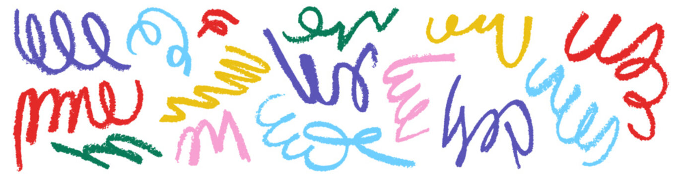 Multicolored crayon squiggle lines vector set on transparent background. Abstract scribble wavy loopy ribbons. Playful hand drawn chalk sketchy doodle strokes for kids design, birthday decoration