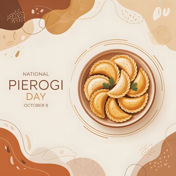 National Pierogi Day celebration illustration with delicious dumplings on decorative plate symbolizing Polish food culture, culinary tradition and tasty homemade cuisine