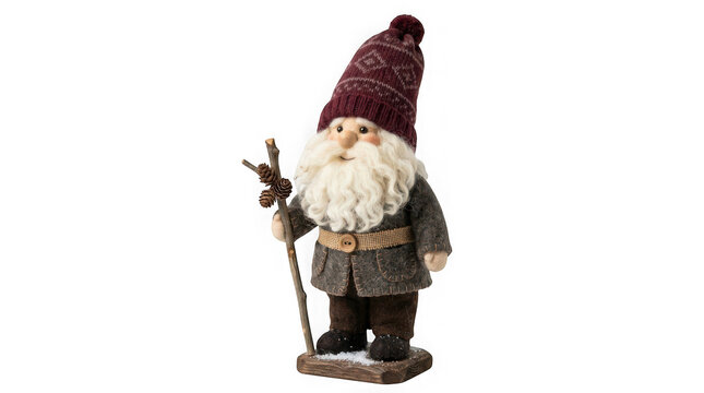 Cute christmas gnome figurine with staff isolated on white isolated on transparent background