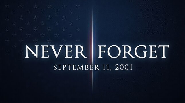 Never Forget September 11 2001 dark elegant memorial banner with glowing light beam