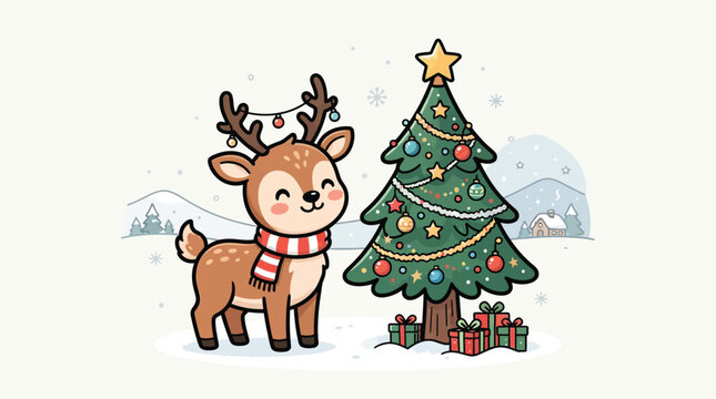 Cute-Reindeer Coloring Page Standing Beside Christmas Tree With Simple Thick Black Outlines
