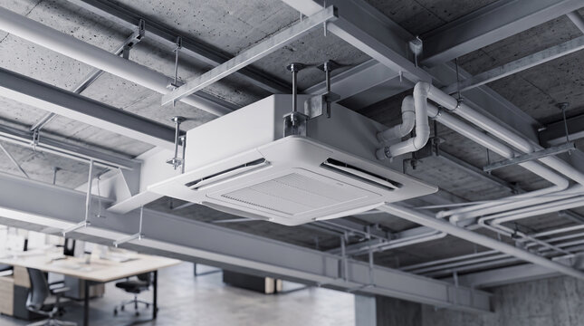 Modern office ceiling mounted air conditioner unit with exposed pipes