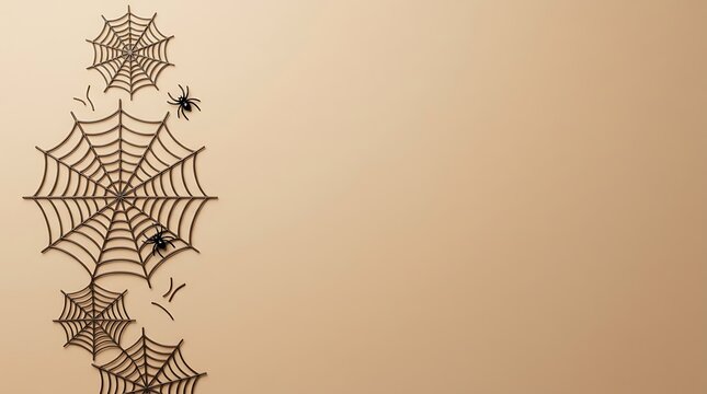 A vintage style beige background featuring hand drawn spider webs arranged vertically for a spooky and festive halloween holiday celebration design project