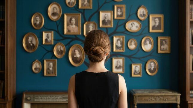 Generational lineage and roots depicted as a woman examines a family tree on the wall.