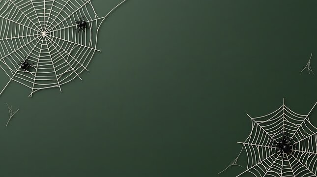 A spooky dark green background featuring intricate spider webs and small black spiders perfect for a festive halloween party invitation or creative holiday design project