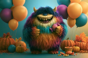Naklejka premium Colorful Fluffy Monster Holding Candy at Halloween Celebration
