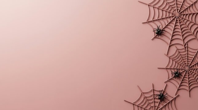 Minimalist halloween background featuring decorative spider webs on a soft pastel pink surface with empty space for your creative holiday design text