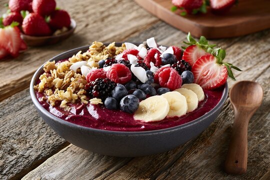 Vibrant acai bowl with fresh berries banana granola and coconut flakes on rustic wooden table in bright light