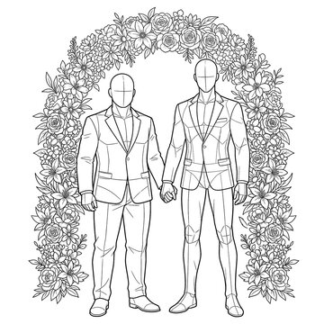 Hand drawn sketch of grooms standing under floral arch front.