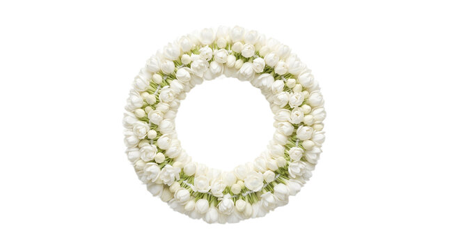 Traditional Indian flower garland, red and white jasmine floral mala for weddings, ceremonial rose petal lei on white background
