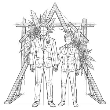 Hand drawn sketch of grooms under boho triangle arch front.