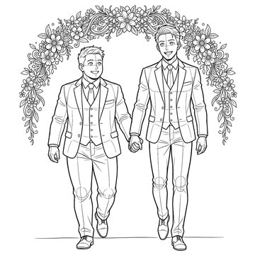 Hand drawn sketch of grooms walking from arch front view.