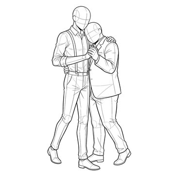 Hand drawn sketch of two grooms base sway dance 3/4 view.