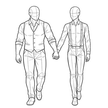 Hand drawn sketch of two grooms walking holding hands 3/4.