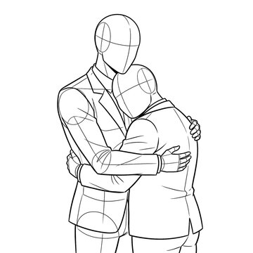 Hand drawn sketch of groom resting head on groom chest 3/4.