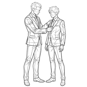 Hand drawn sketch of groom fixing grooms tie 3/4 view.