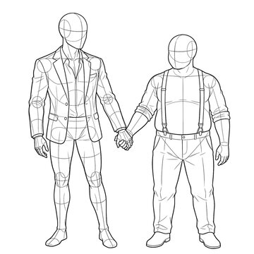 Hand drawn sketch of two grooms boho style 3/4 view.
