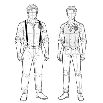 Hand drawn sketch of two grooms boho style front view.