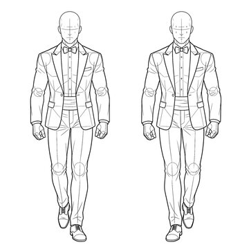 Hand drawn sketch of grooms walking sharp black tie front.