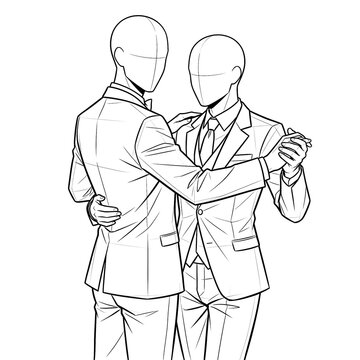 Hand drawn sketch of stately black tie dance 3/4 view.