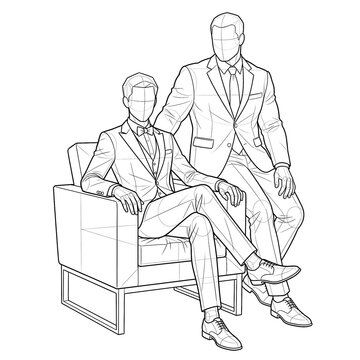 Hand drawn sketch of black tie grooms on armchair 3/4 view.