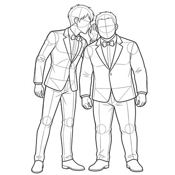 Hand drawn sketch of black tie groom whispering front view.