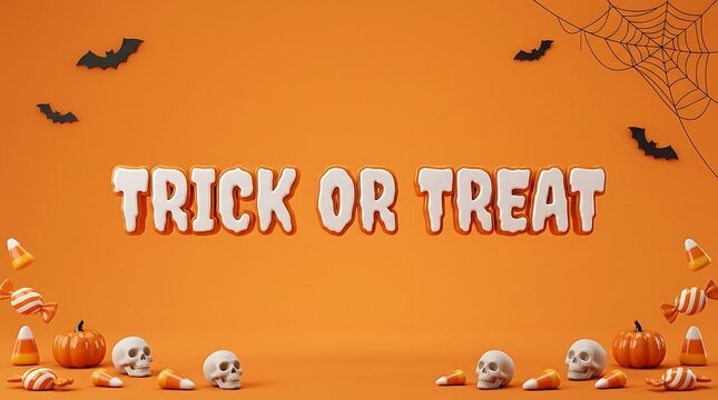 A festive halloween background featuring the text trick or treat surrounded by pumpkins skulls bats and autumn leaves on a vibrant orange backdrop