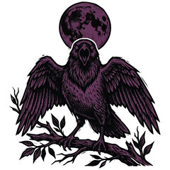Naklejka premium Gothic Raven Perched on Branch with Full Moon Halo Dark Crow Vector Illustration