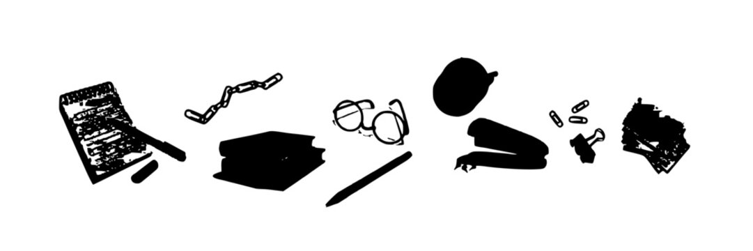 Stationery Set, Minimalist Vector Illustration of Office Supplies, Including Pens, Paperclips, Glasses, and Notebooks