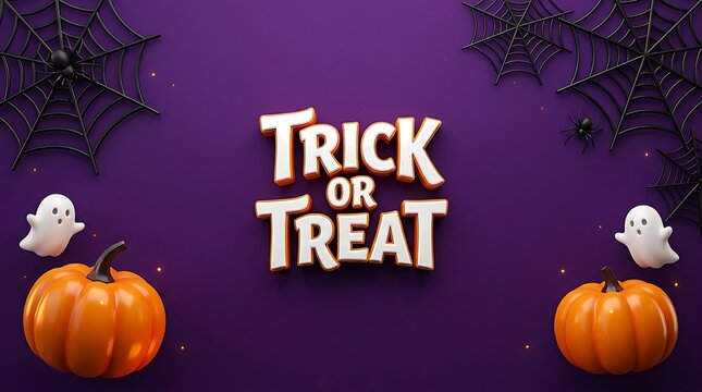 Festive halloween background featuring orange pumpkins cute ghosts and spooky spider webs on a vibrant dark purple surface for seasonal holiday celebration designs