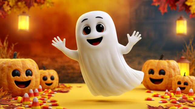 Cheerful Friendly Ghost Floating Among Halloween Pumpkins